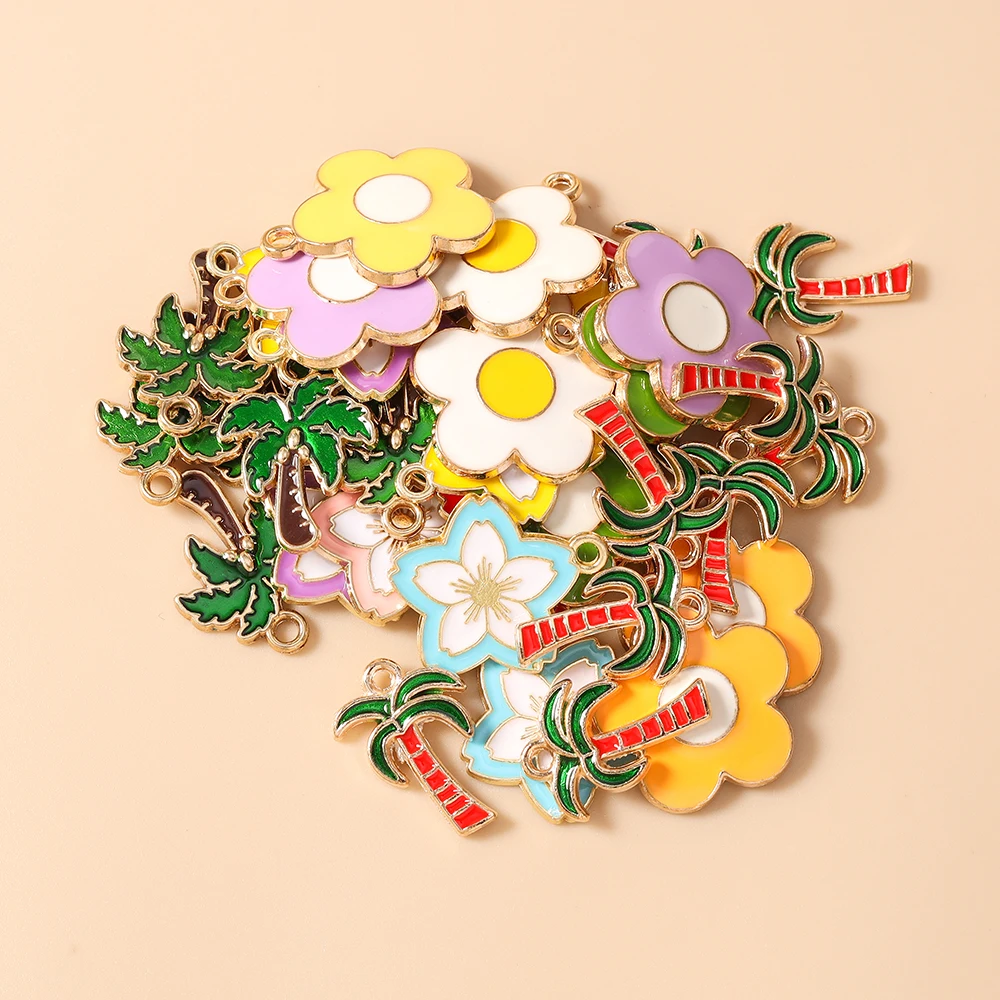 10 Stück niedliche Emaille-Anhänger mit Pflanzen-, Blumen- und Kokosnussbaum-Motiven für die Herstellung von Halsketten, Ohrringen, DIY-Bastelarbeiten und Schmuckzubehör – Detail 4