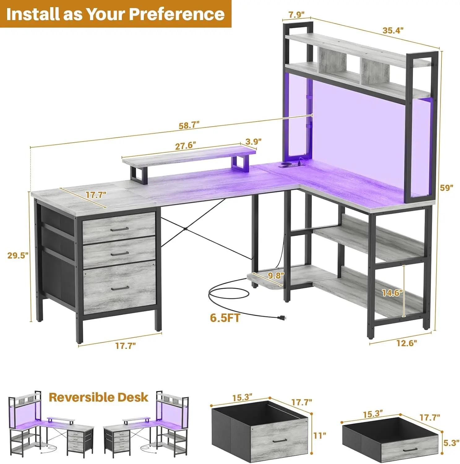 Aheaplus-Mesa em forma de L com luzes LED, computador reversível com Power Outlet, Canto, Gaming Hutch