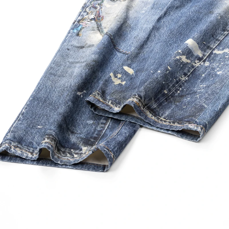 Street Fashion Men Jeans Retro Wash Blue Loose Fit 3D Printed Designer Jeans Men Straight Wide Leg Hip Hop Boot Cut Denim Pants