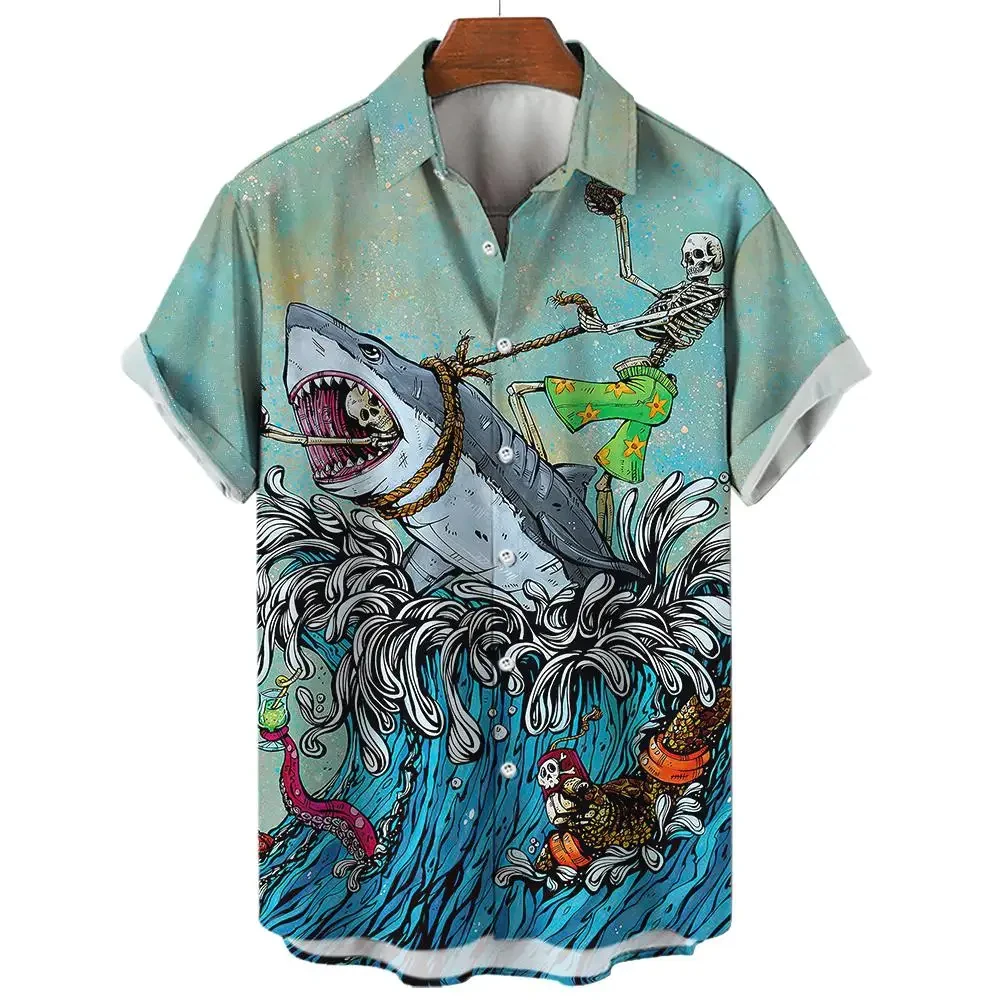 

New Men's Summer Hawaiian Vacation Shark Element Printed Button-Up Shirt Men's Fashion Trend Casual Comfortable