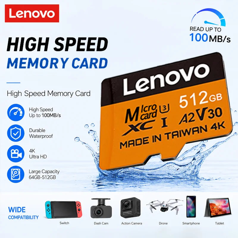 Lenovo High Speed Micro SD Card V30 512GB 64GB 128GB 256GB Flash Memory Card for Phone Laptop Surveillance Device