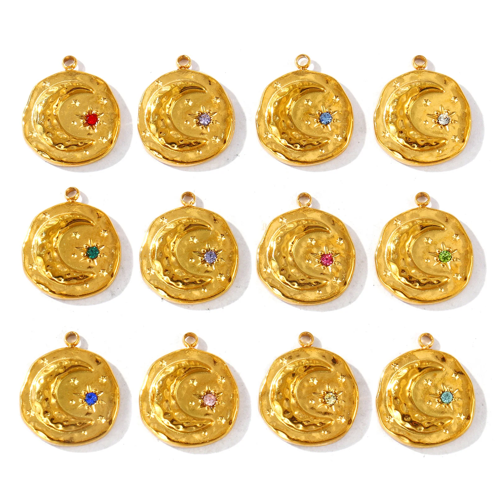 2 Pcs Cubic Zirconia Birthstone Charms 18K Gold Plated Round Moon 304 Stainless Steel Pendants For DIY Necklace 17mm x 15mm