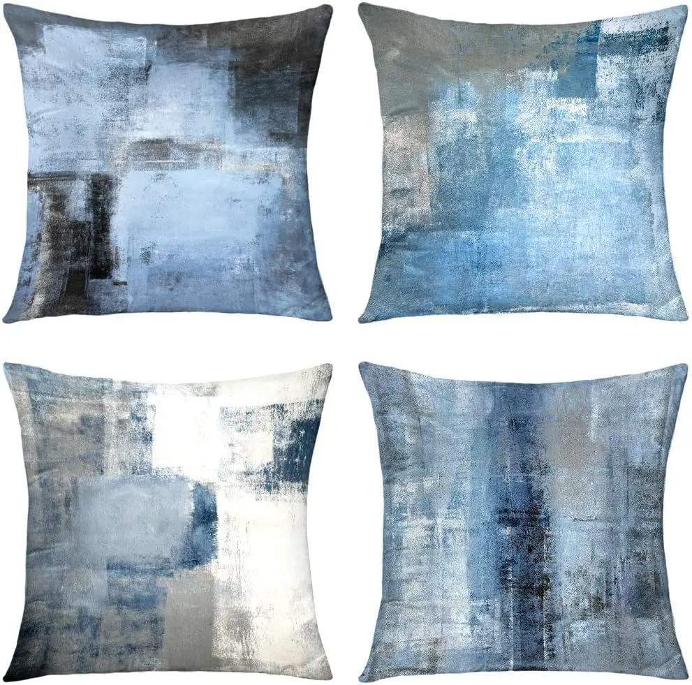 Abstract Art Pillow Covers Set of 4,Blue and Grey Art,Modern Decorative Throw Pillow,Cushion Cover for Bedroom,Sofa, Living Room