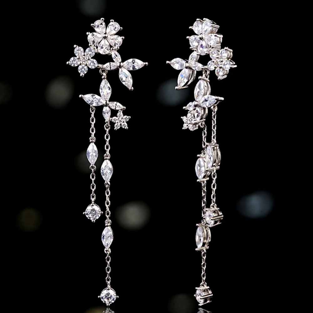 Wong Rain Romantic 925 Sterling Silver Flower Lab White Sapphire Gemstone Tassel Drop Dangle Earrings Jewelry Anniversary Gift
