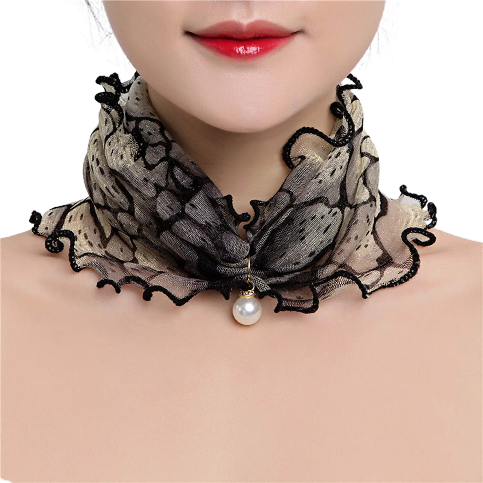 Fake Pearl Pendant Neck Collar Scarf Women Head Thin Female Ruffle Scarf Neck Cover Sun Protection Bib Scarves Headband