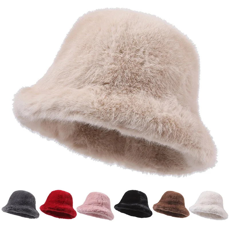 Rabbit Fur Bucket Hat for Women Fashion Autumn Winter Warm Thickened Fisherman Hat Russian Outdoor Hat Warm Trooper Trapper Cap