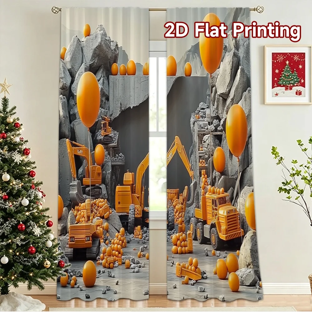 2D flat 2pcs Curtain French Romantic Style Orange Balloons Construction Site Durable polyester fiber Party & Holiday Decor Use