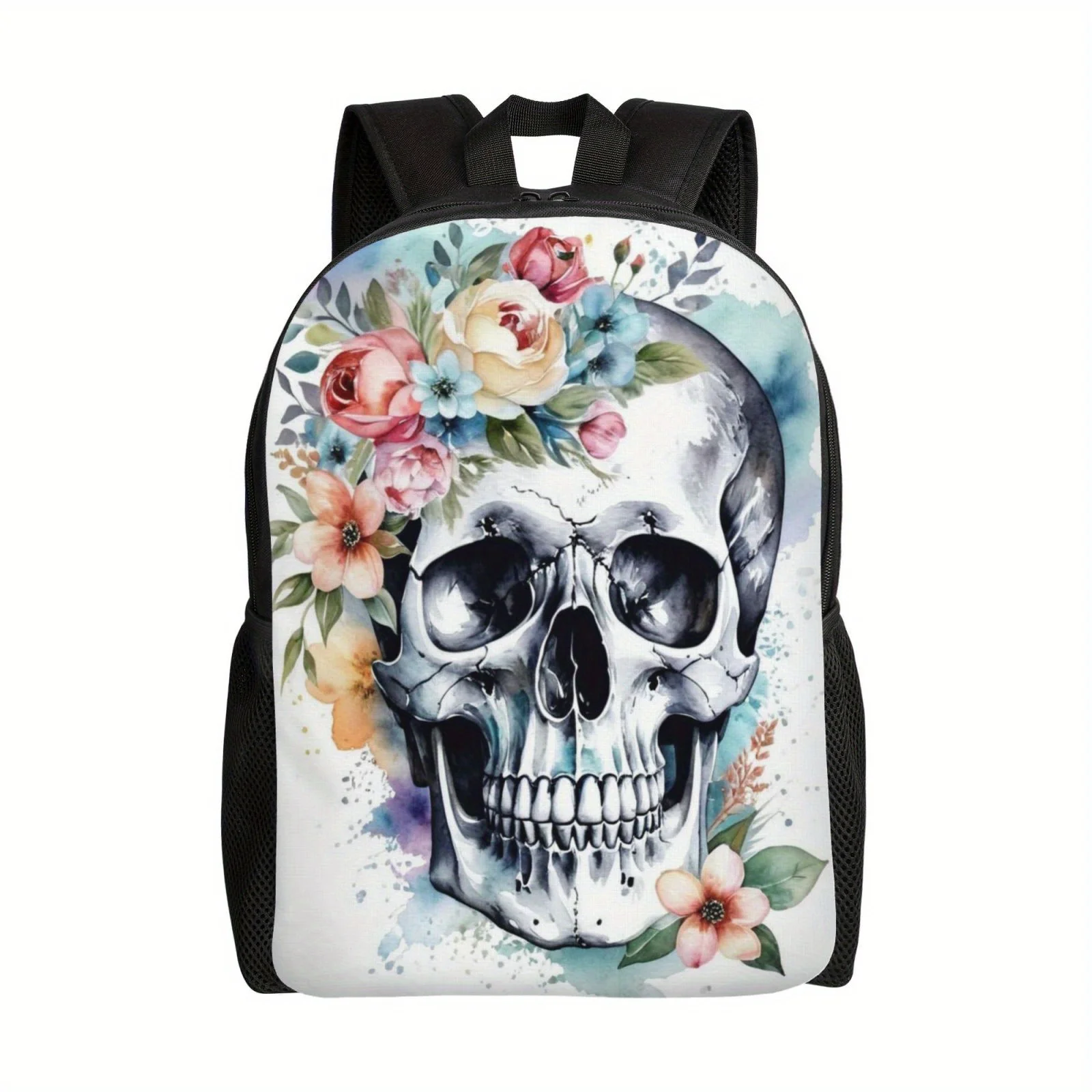 Lightweight and adjustable black backpack, watercolor style flower skull print backpack