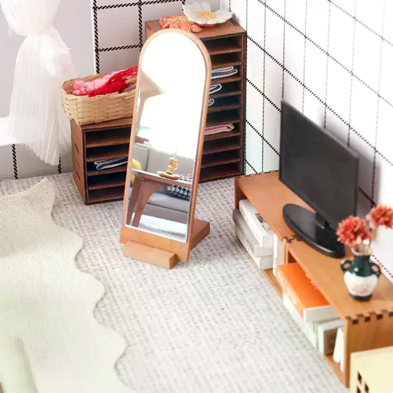 1Pc 1/12 Dollhouse Wooden Full-length Mirror Model Dollhouse Furniture Ornament Doll House Micro Scene Decor Accessories