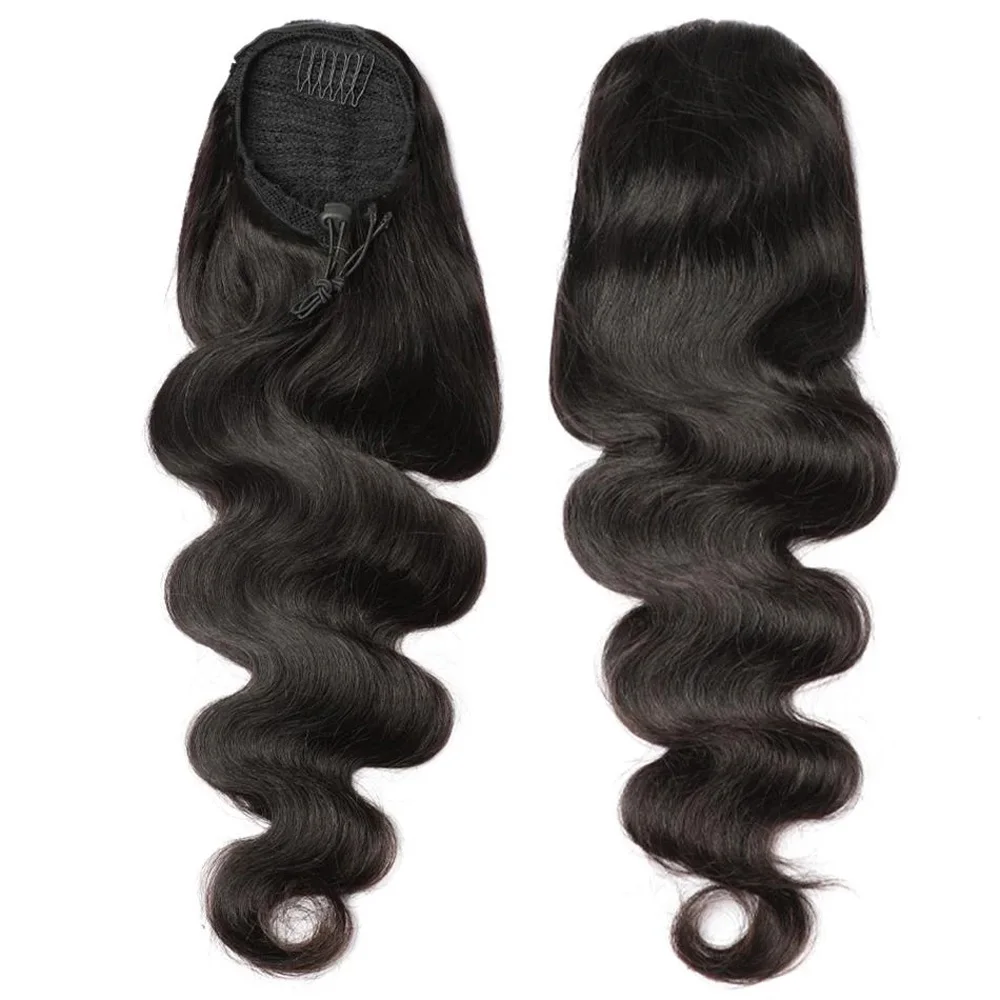 Body Wave Human Hair Ponytail Extensions for Women Natural Black Clip in Drawstring Ponytail Hair Extensions