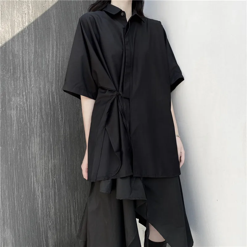 Tannt Women Shirts Bandages Asymmetry Black Blouse Tops Irregular Short Sleeves Black Loose Oversize Shirts Tops Women 2023 New