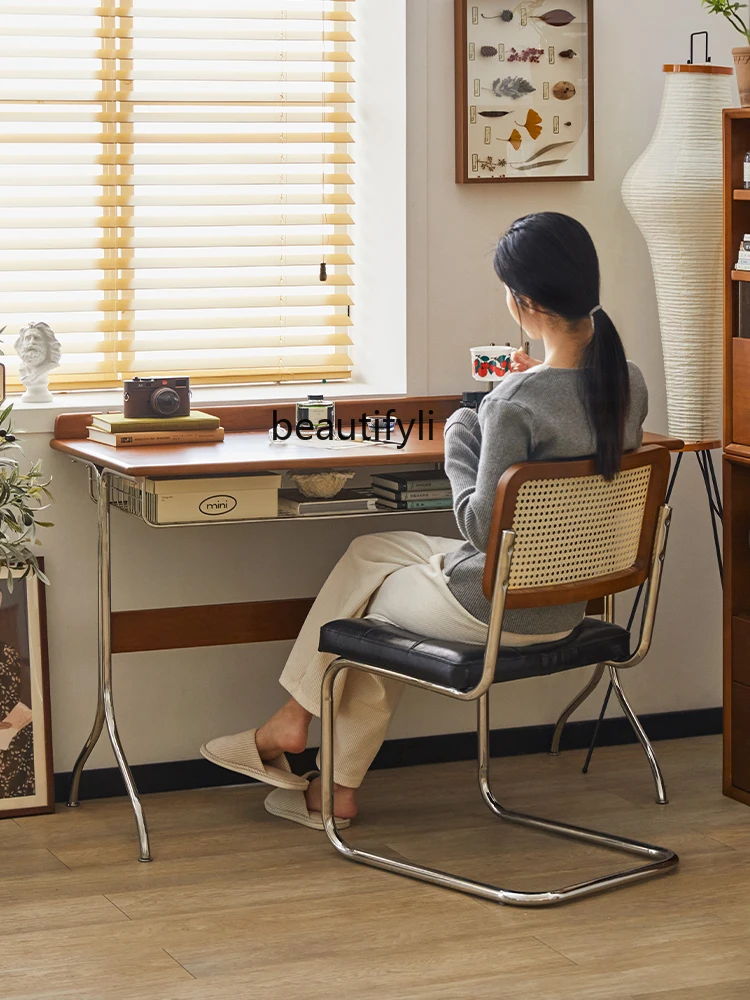 Mesa antiga de madeira maciça para casa, mesa simples de computador, aço inoxidável nórdico, mesa de escritório de apartamento pequeno, estilo retro