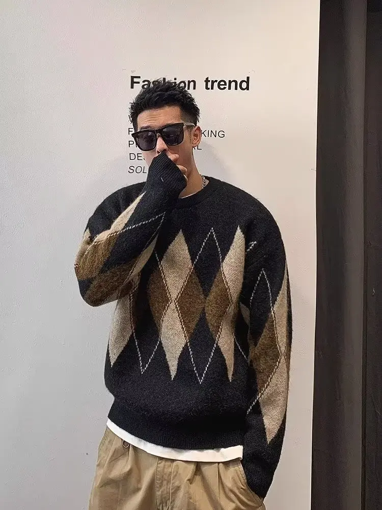 

Мужской вязаный свитер American Contrast Diamond: повседневный, универсальный, молодежный, из полиэфирного волокна, с длинным рукавом, круглым вырезом, теплый базовый слой