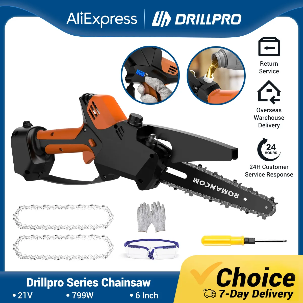 

Drillpro 6Inch Electric Chainsaw Cordless With Oil Tank Digital Display ChainSaw Woodworking Power Tools for Makita Battery