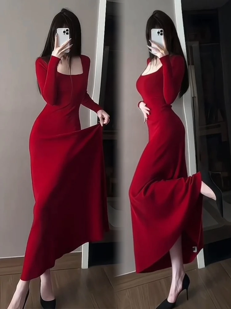 Vermelho de malha dr feminino outono inverno ano novo cintura alta saia longa macio e confortável coreano sle interior usar camada base