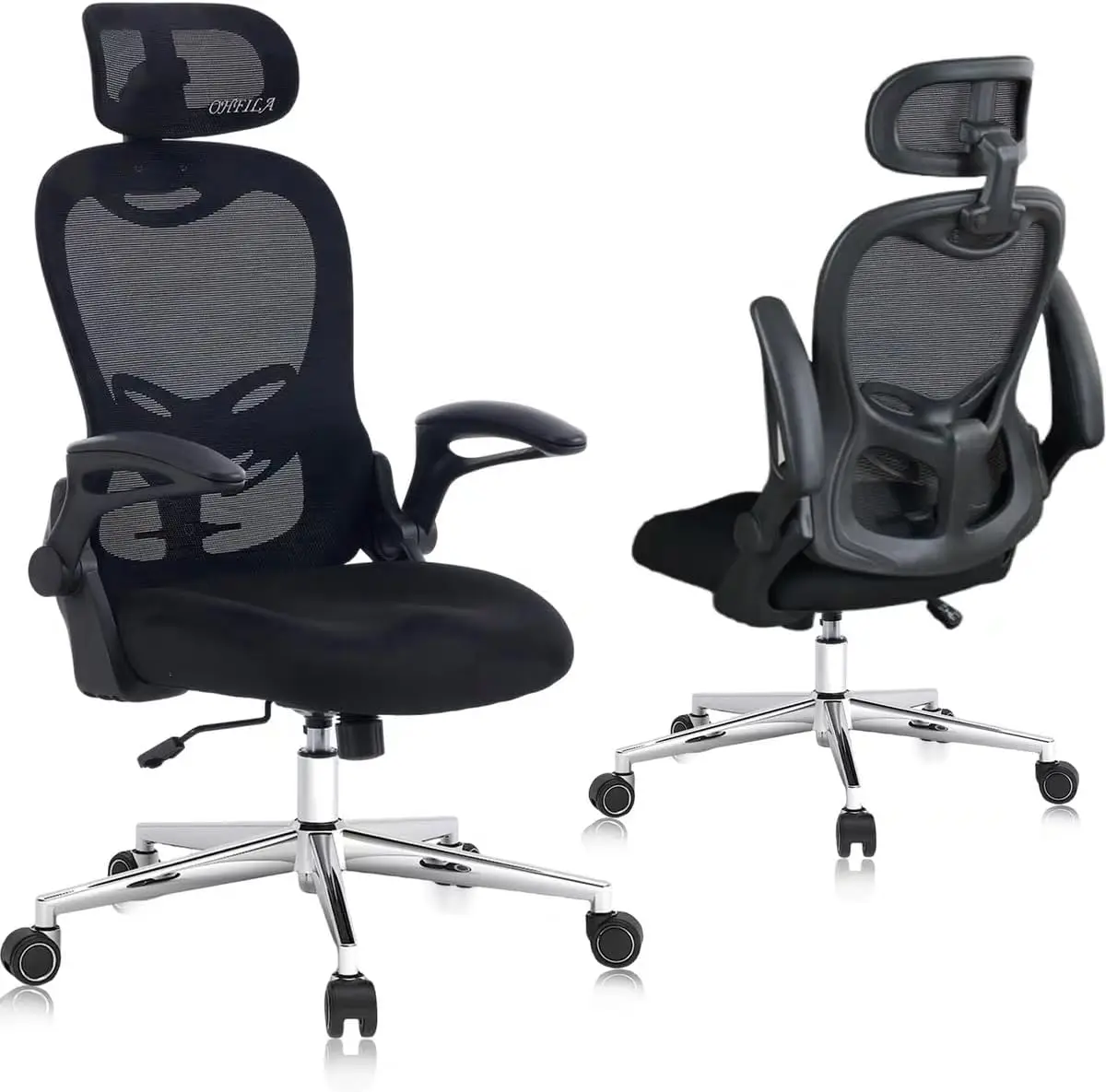 

Ergonomic Mesh Office Chair, Flip-Up Arms, Adjustable High Back Lumbar Support, Comfy Computer Chair (Black)