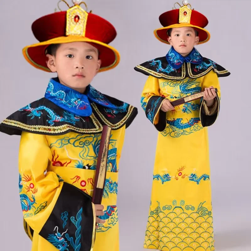

Костюм императора династии Цин со шляпой для детей, желтый халат китайского императора, императорская одежда, одежда