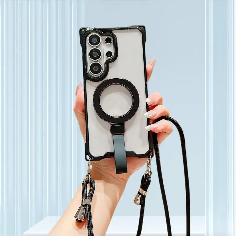 Magnetische Ringständer-Hülle für Samsung S26 Ultra Galaxy S24 S25 FE S22 S23 Plus S22 A17 Stoßfeste Crossbody-Tragegurt-Schutzhülle