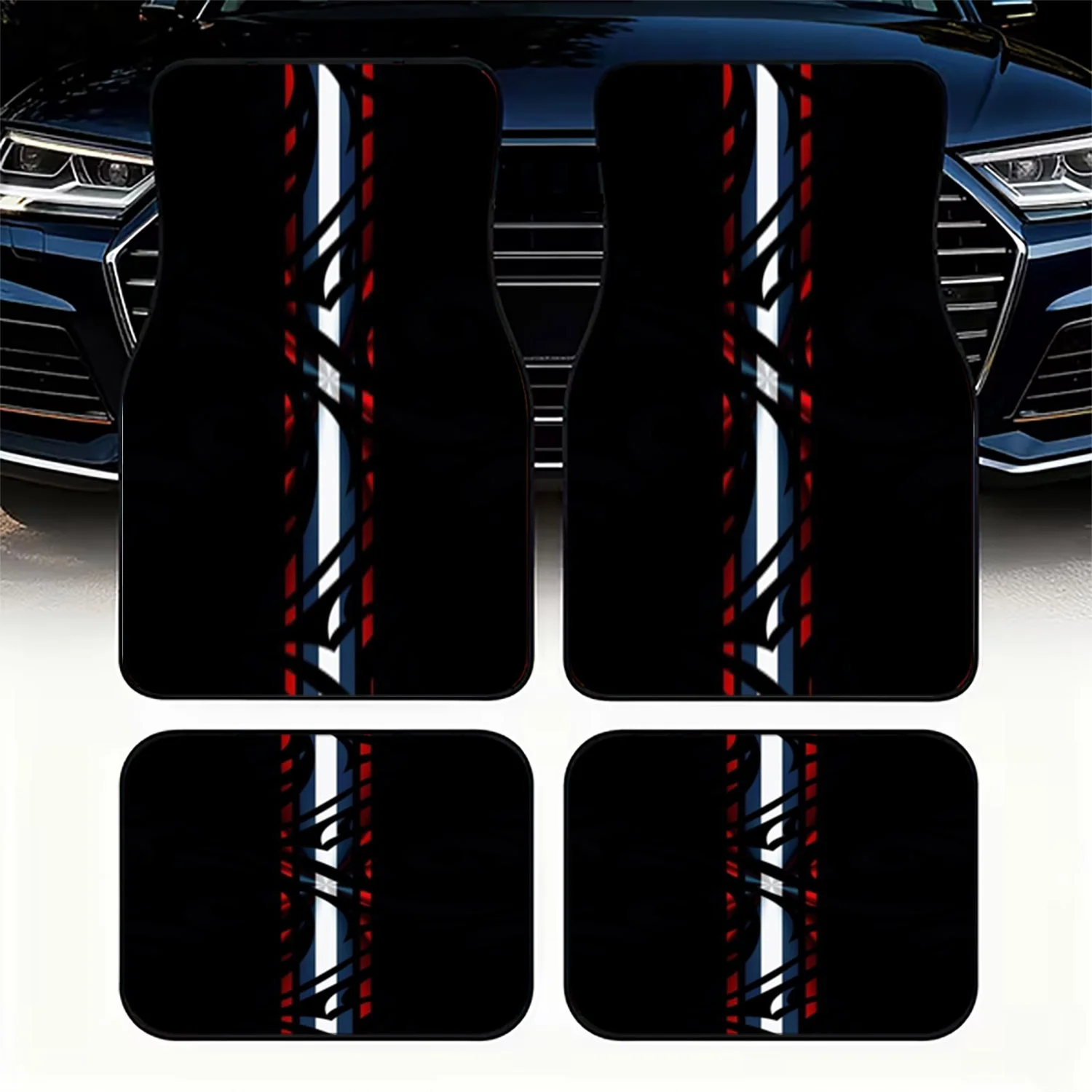Car Floor Mats, 4pcs Set, Material, Modern Abstract Design With White Stripe+Blue Sections+Red Rectangles, For Car Interior Deco