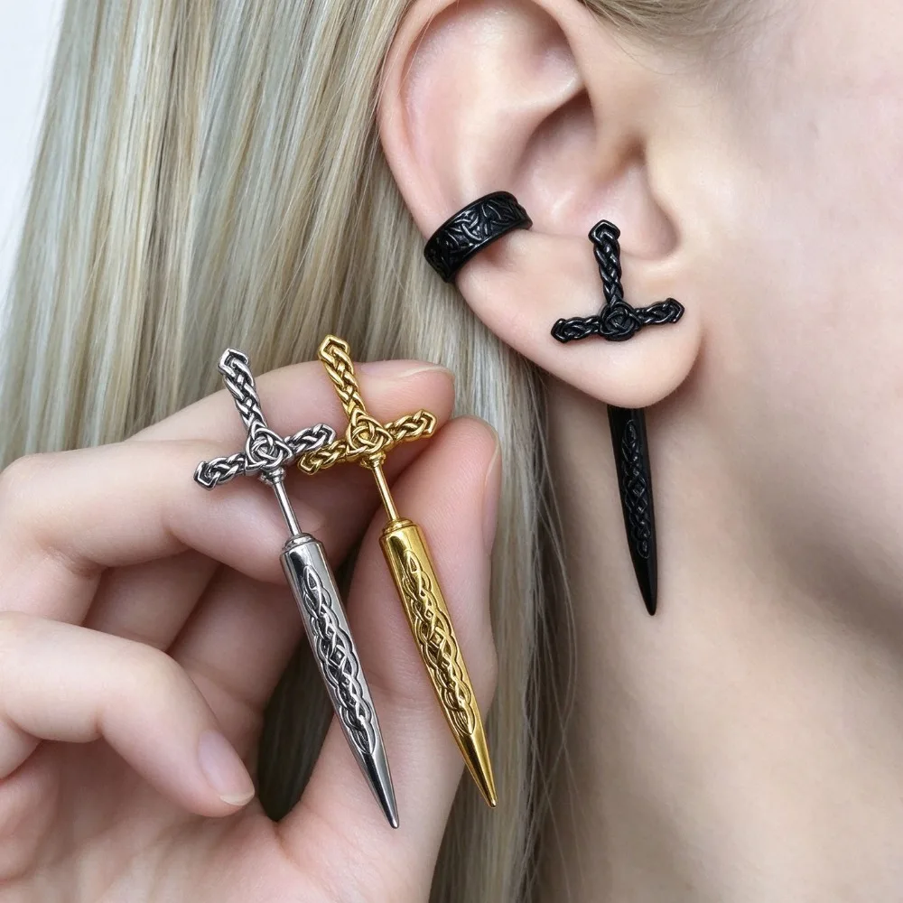 Dark Goth Punk Sword Dagger Ear Jacket Stud Earrings, Unisex Piercing Earrings for Men Women, Daily Party Holiday Jewelry Gift