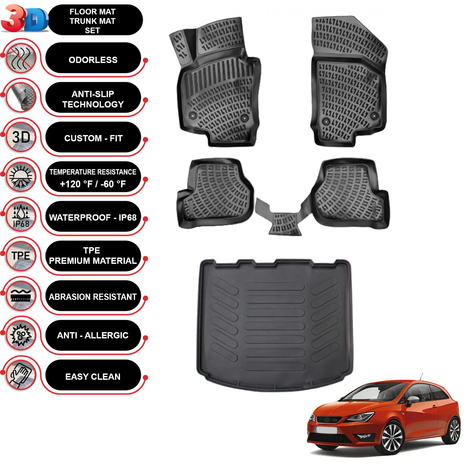 Seat Altea - (2004-2015) - Floor Mats + Cargo Trunk Liner - SET - (Black)