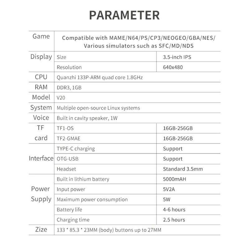 V20 Retro Video Handheld Game Console 64GB 3.5Inch IPS HD Screen A133P Open Source Linux For GBA NDS SFC Simulators C