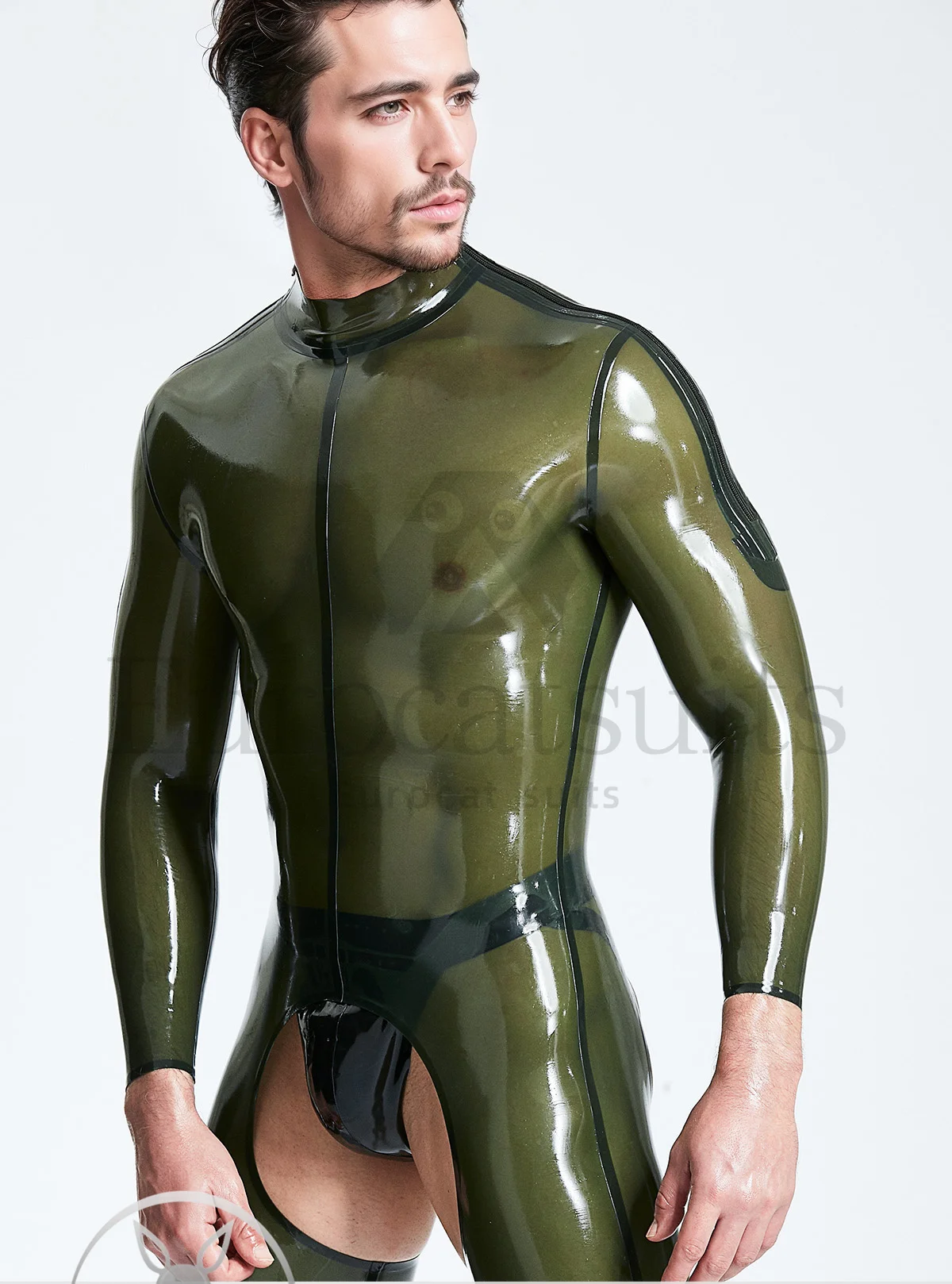 latex catsuits men eurocat suits  latex  rubber fetish customised    Male Translucent \'Chaps Look\' Shoulder-zip