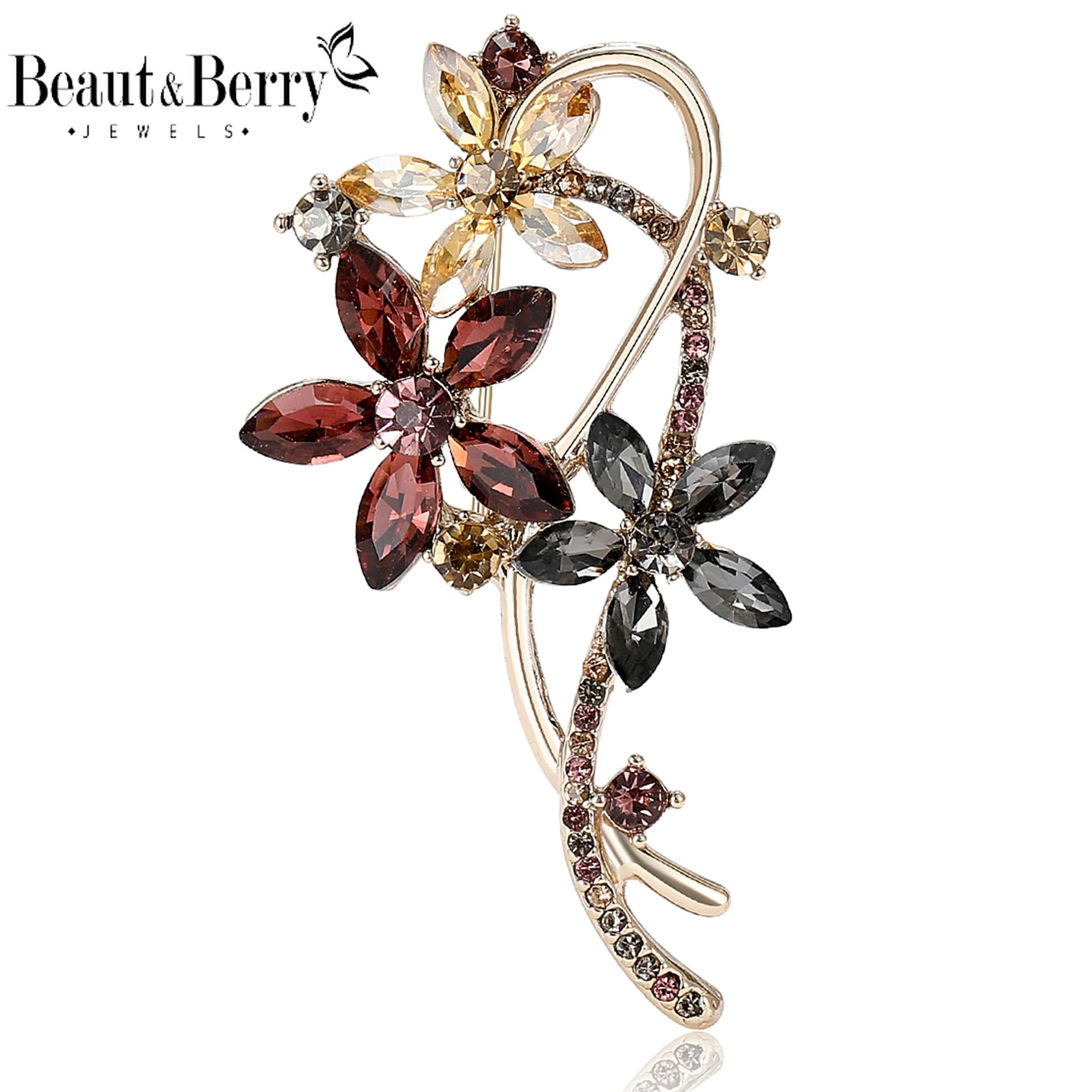 

Beaut&Berry Luxury Crystal Flower Bouquet Brooches for Women Rhinestone Pins Friends Party Gifts Banquet Jewellery Accessories