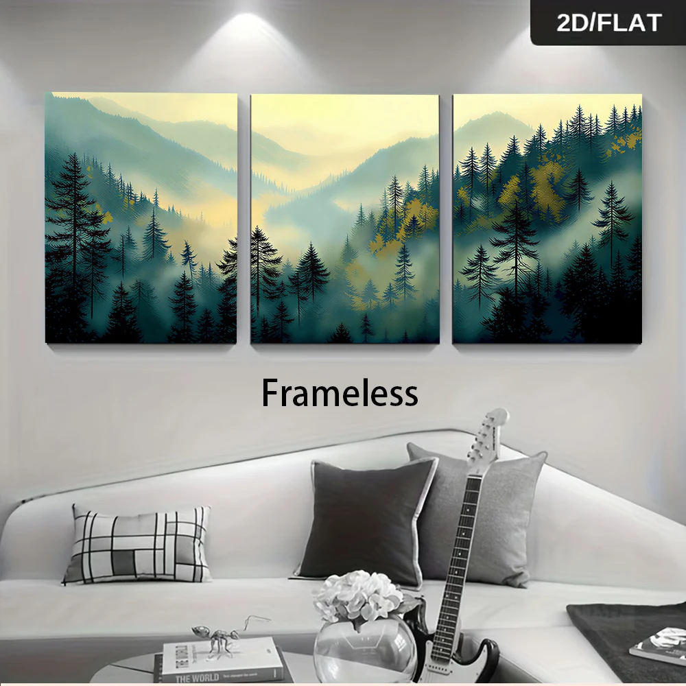 3PCS Frameless,1 set of frameless triptych decorative paintings depicting misty forests in the mountains, natural landscapes, 2D