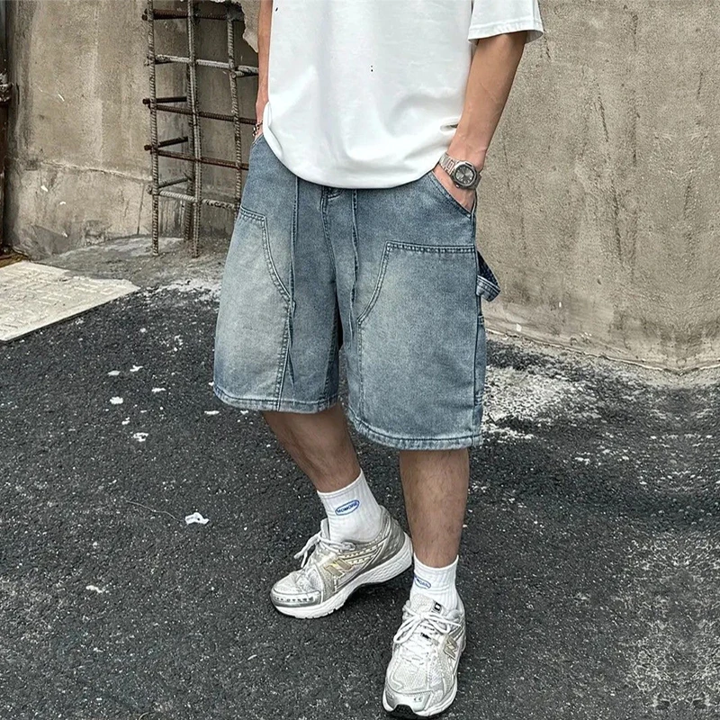 American High Street Fashion Men's Shorts Summer New Loose Straight Cut Five-Quarter Jeans Casual Breathable Sweat Absorbent