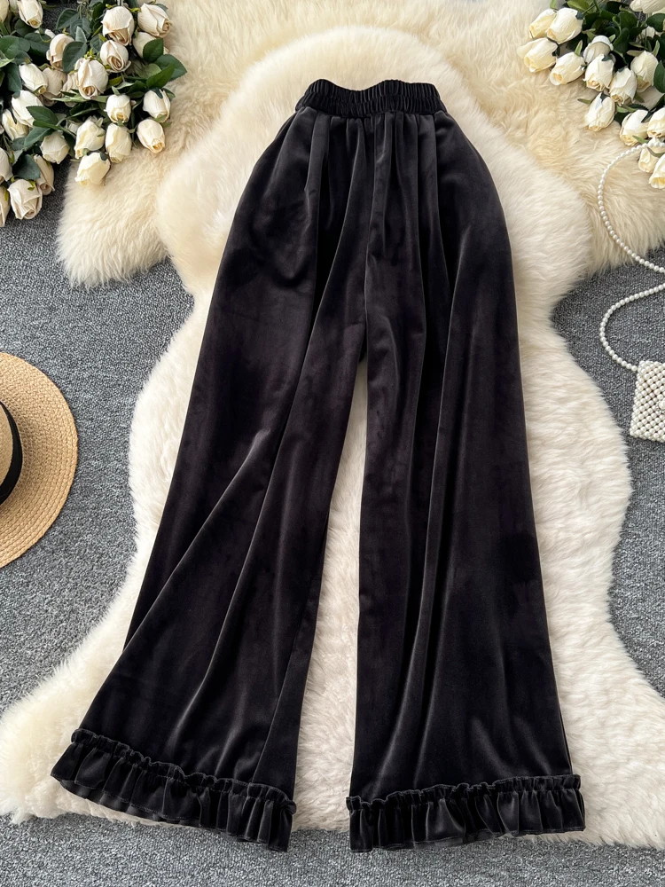 Pantalon décontracté en velours taille haute pour femmes, jambes larges, mode printemps été, épissage de pampilles, taille élastique, coupe ample, pantalon droit