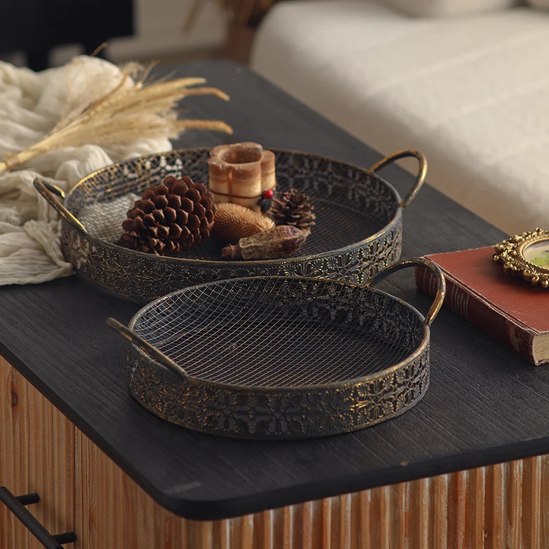 Vintage Metal Decorative Tray Set, Rustic Gold Lace Iron Serving Tray, French Country Centerpiece Display Tray