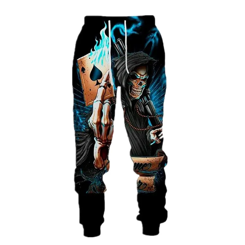 Pantaloni da jogging autunnali alla moda da uomo, pantaloni stampati in 3D stile punk da poker scheletro horror, pantaloni fitness casual da strada neutri Q0162