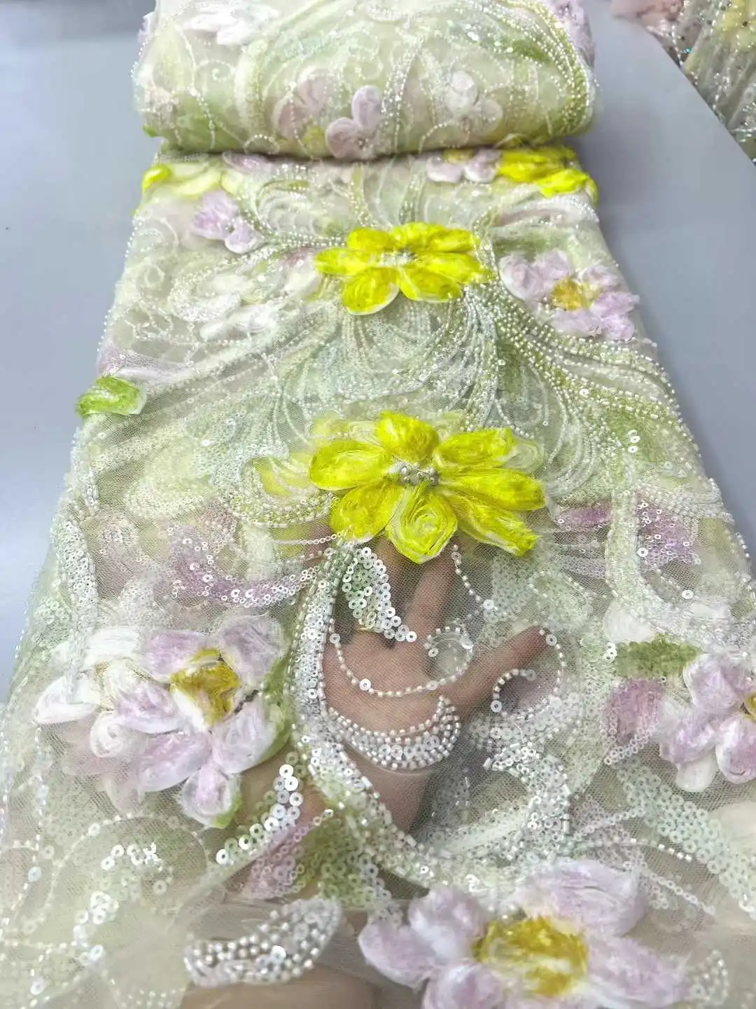 Handmade Beads with 3D Feather Embroidery French Sequin Lace High-End African Nigeria Fabric for Evening Wedding Dress 5Y SZ1459