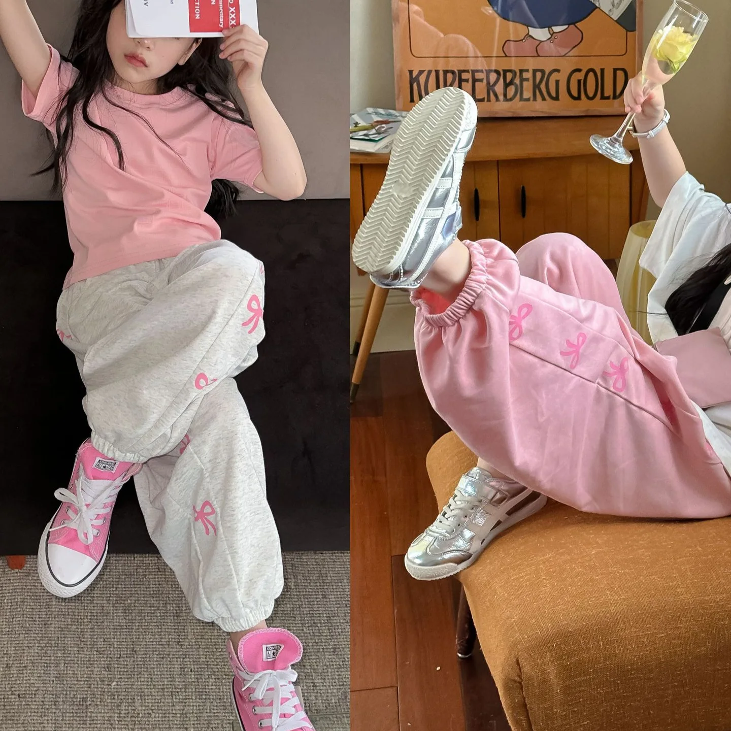 

Girl Pant 2024 Spring and Summer Korean Style Fashion Bow Neutral Casual Sports Sweatpants Girls Fashion Sport Bottoms