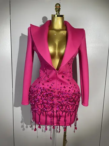 Sparkly Crystal Chains Pearls Long Sleeve Mini Dress 2025 Women Birthday Evening Party Nightclub Outfit Singer Wedding Costume