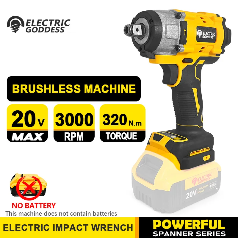 

Electric Goddess 320N.M Torque Brushless Motor Electric Impact Wrench Cordless Power Tool For Dewalt 20V Battery