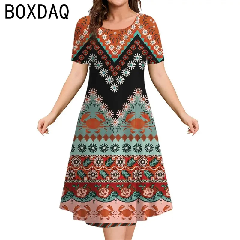 Vintage Boho Flower Striped Printed Dress Summer Fashion Women's Short Sleeve O-neck Casual A-Line Dress Big Size 3XL Vestidos