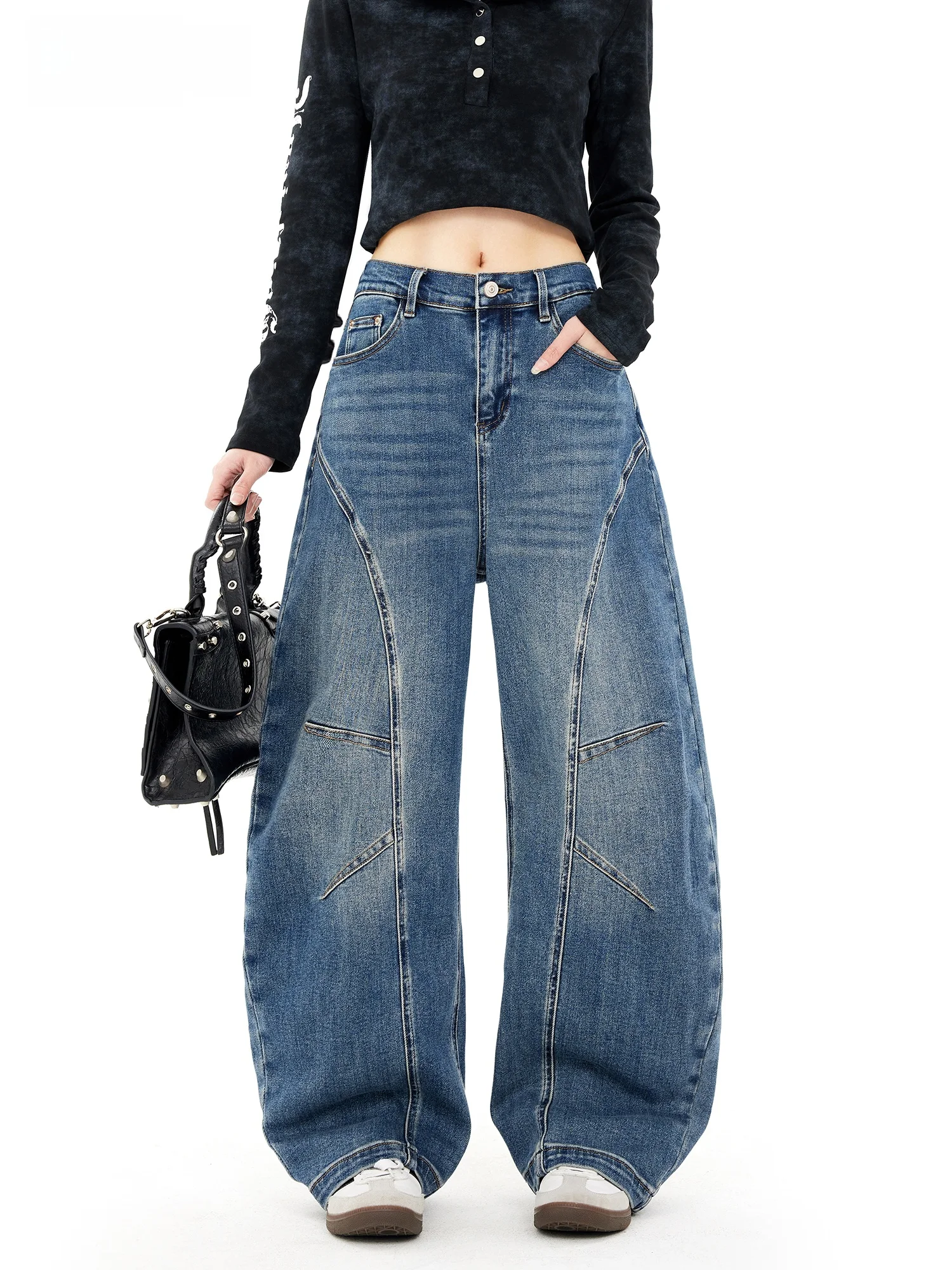 

Blue Wide Leg Knife Denim Jeans Women's Spring Summer New Splicing Tailoring Design Elastic Waist Pants Casual Style