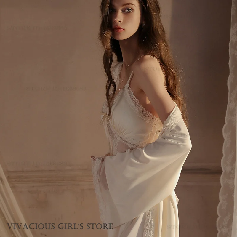 Sexy Lace Female Twinset Robe Set Intimate Lingerie Spring Summer Sleepwear Loungewear Ice Silk Satin Long Nightdress Homewear