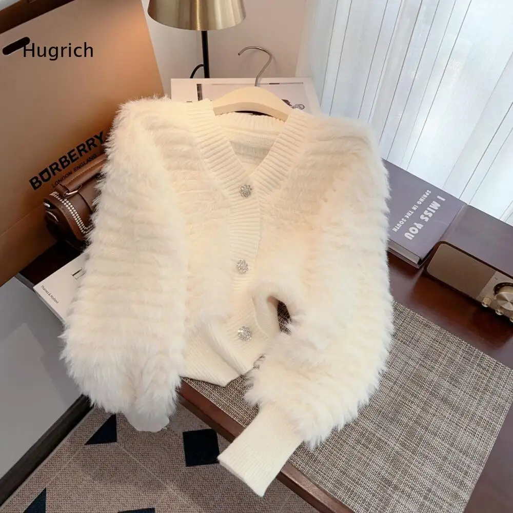 Ladies Soft Fuzzy Knit Cropped Cardigan V Neck Design Rhinestone Decor Buttons Long Sleeve Plush Knitwear for Cold Season Wear