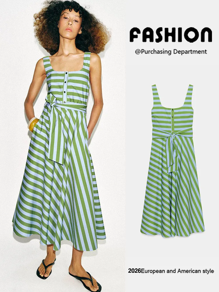 Nuevo Vestido de Verano para Mujer con Cinturón, Tirantes Anchos a Rayas, Vestido Midi Elegante y Moderno para Fiestas