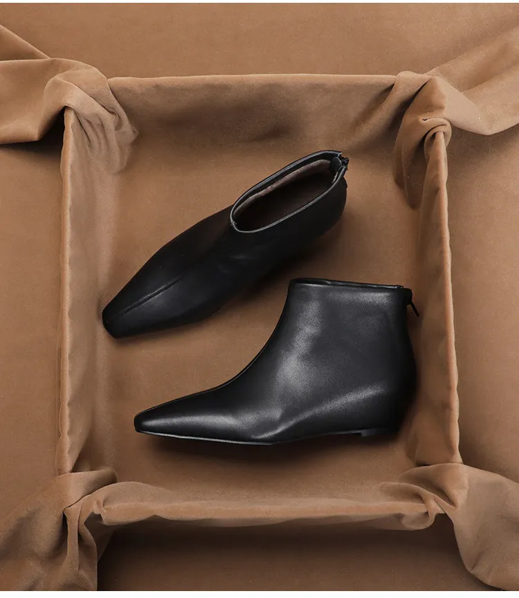 SHOEBOX ‌Fashionable & Stylish Insole-Elevated Genuine Leather Ankle Boots for Women – Spring/ Autumn Flat Versatile Rear-Zipp