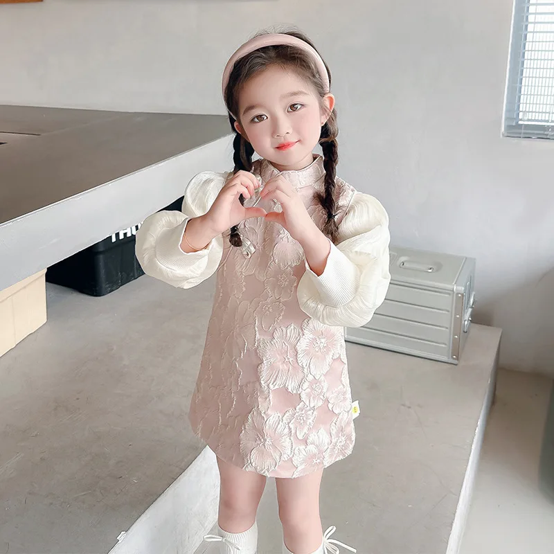 Girls' Spring and Autumn Dress2025New Stylish Children's Puff Sleeve Two-Piece Set Baby National Style Cheongsam Dress