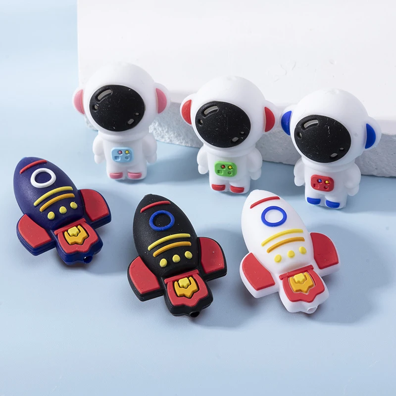 6pcs Cartoon Silicone Beads Astronaut Rocket Baby Beads Food Grade Focal Teether Bead DIY Pacifier Chain Accessories