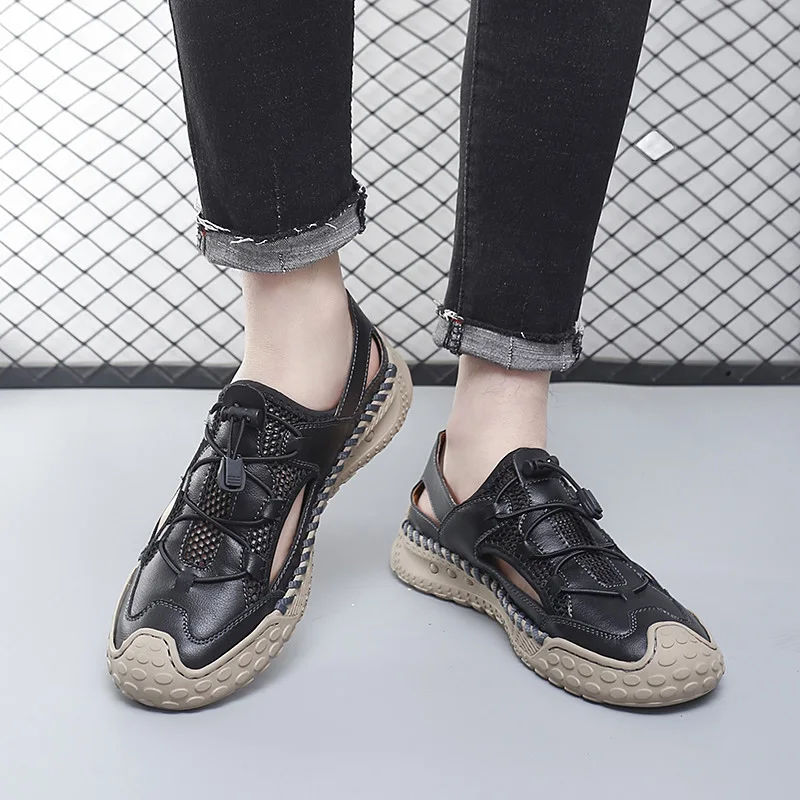 Mens HAND-Sewn Breathable Air Mesh รองเท้า Anti-SLIP Lovers 'รองเท้าหนังแท้รองเท้าแตะผู้หญิงขนาด 38-46