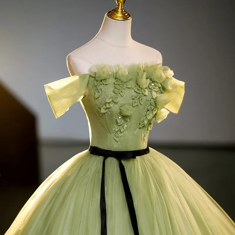 Vestido de fiesta de quinceañera verde, elegante vestido de encaje con hombros descubiertos para baile de graduación con foto Real, talla grande 2023