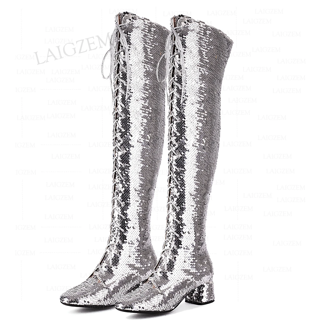 LAIGZEM Women Boots Over Knee Sequined Glitter 6cm Thick High Heels Boots Party Prom Shoes Woman Frauen Stiefel Size 33 39 42 48