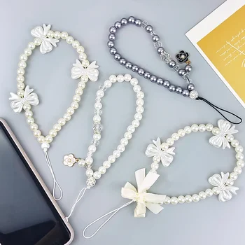 Elegante imitazione perla catena portachiavi moda camelia fiocco portachiavi con perline ragazze anti-perdita cellulare cinturino cordino amico regali