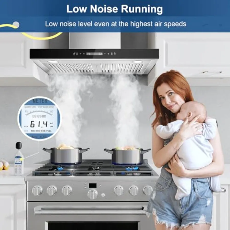 شفاط المطبخ المثبت على الحائط 30 بوصة 600 CFM T الشكل مع التحكم بالإيماءات باللمس لتهوية المطبخ بدون أنابيب قابلة للتحويل Ex #6